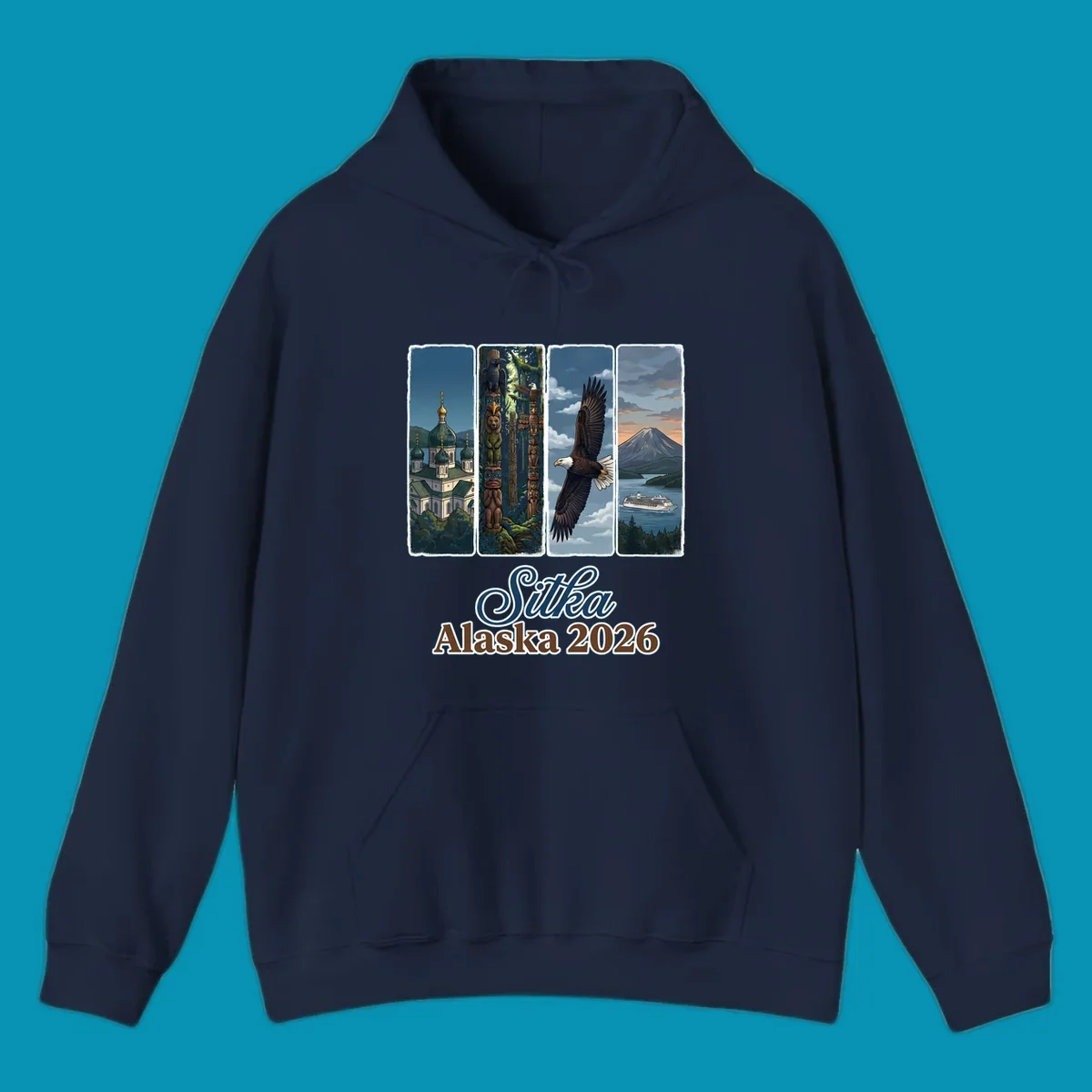 Four-panel Sitka Alaska 2026 design featuring Russian Orthodox cathedral, totem poles, bald eagle, and Mount Edgecumbe volcano with cruise ship