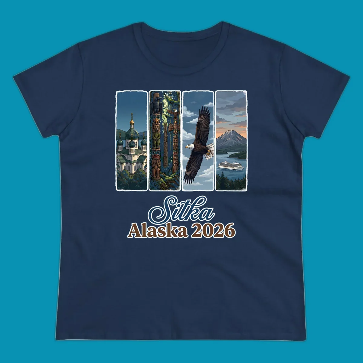 Four-panel Sitka Alaska 2026 design featuring Russian Orthodox cathedral, totem poles, bald eagle, and Mount Edgecumbe volcano with cruise ship