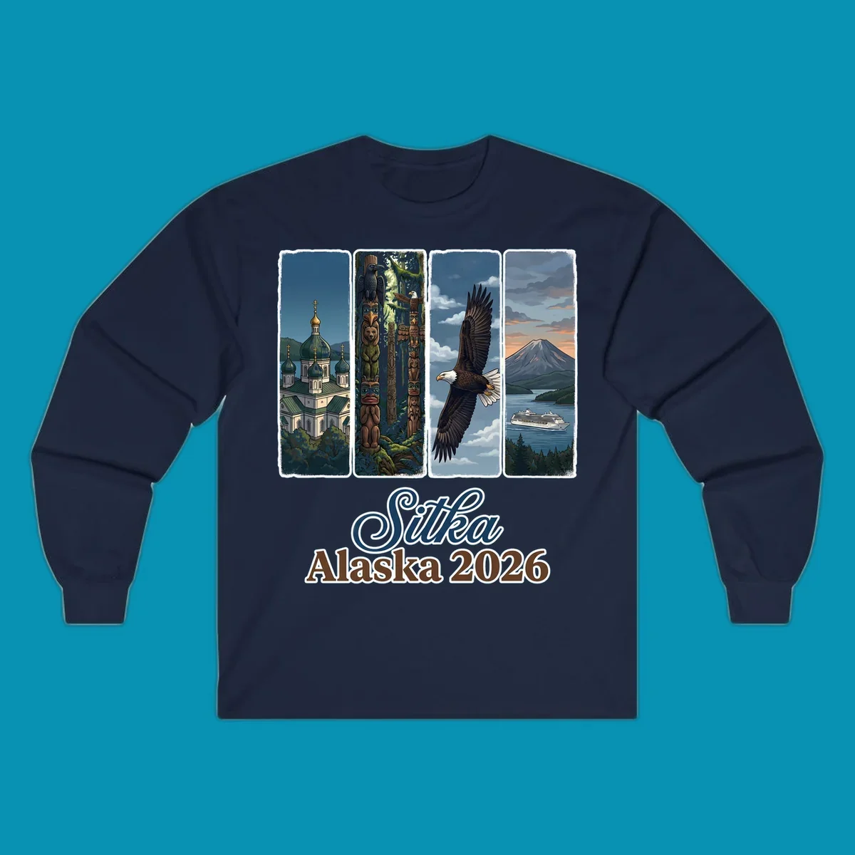 Four-panel Sitka Alaska 2026 design featuring Russian Orthodox cathedral, totem poles, bald eagle, and Mount Edgecumbe volcano with cruise ship
