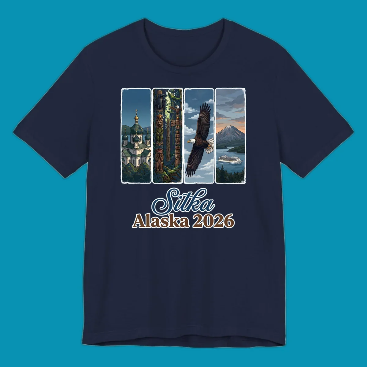 Four-panel Sitka Alaska 2026 design featuring Russian Orthodox cathedral, totem poles, bald eagle, and Mount Edgecumbe volcano with cruise ship