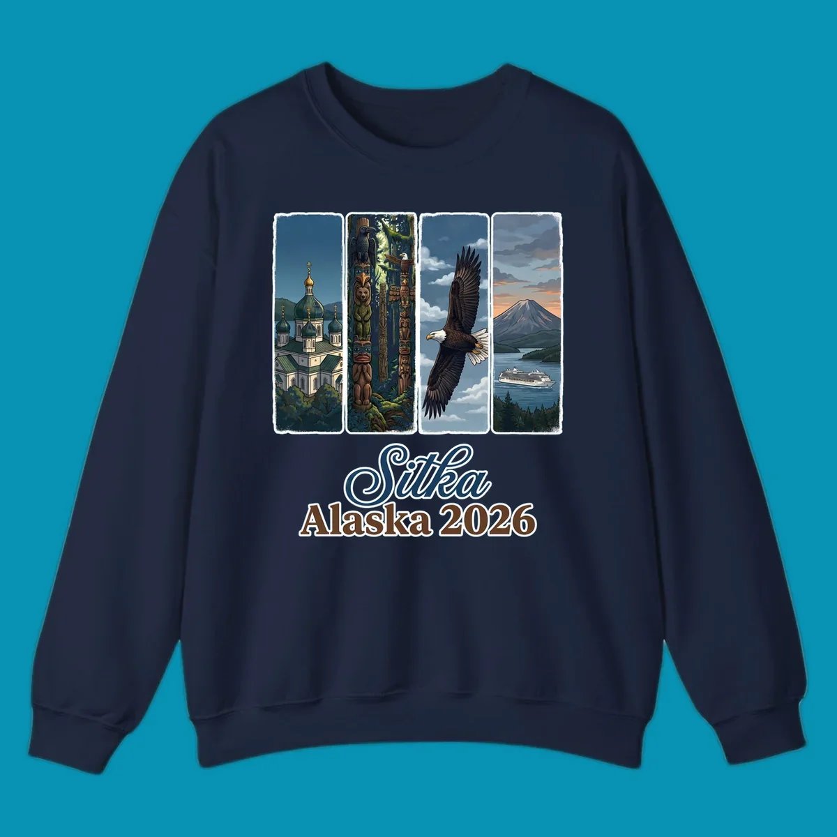 Four-panel Sitka Alaska 2026 design featuring Russian Orthodox cathedral, totem poles, bald eagle, and Mount Edgecumbe volcano with cruise ship