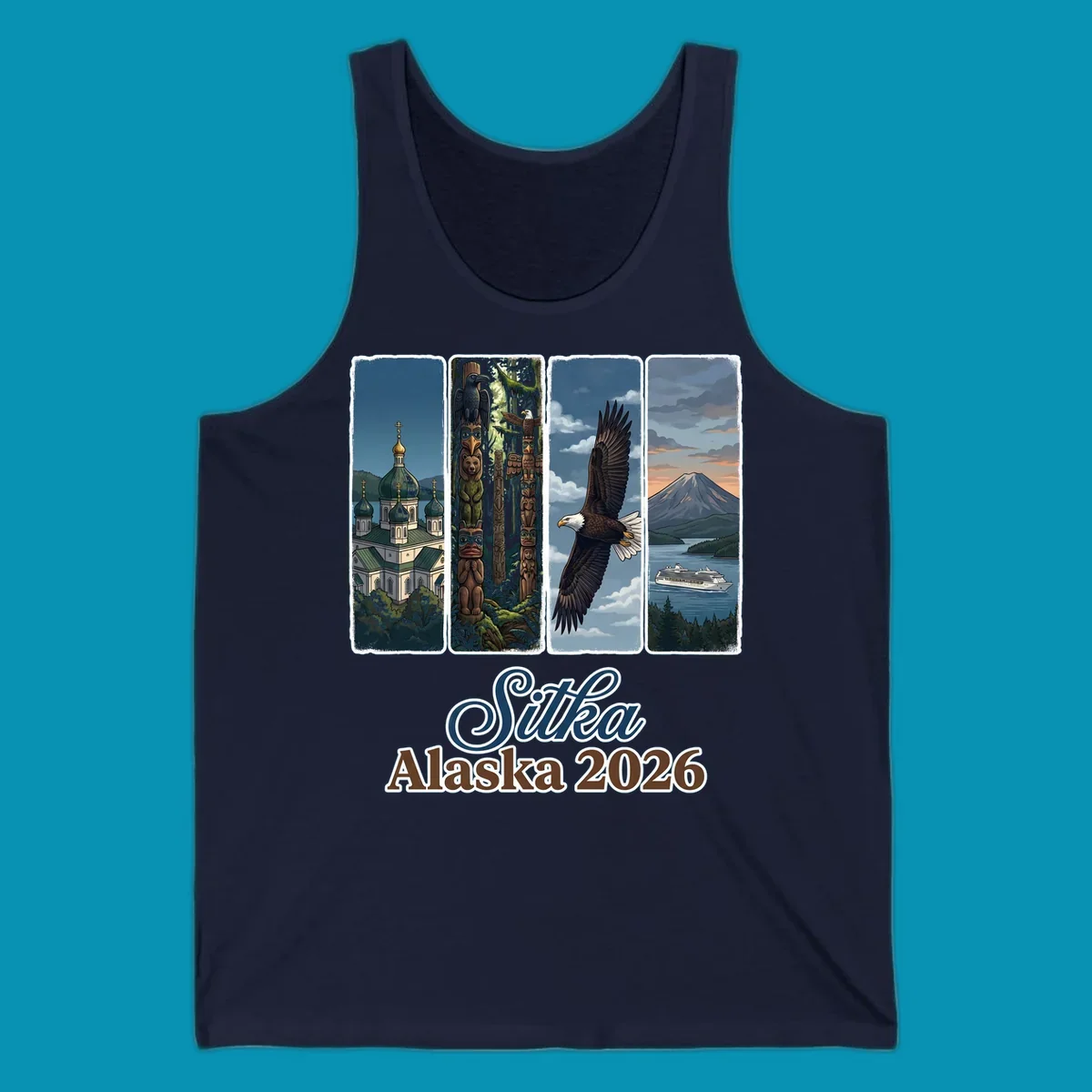 Four-panel Sitka Alaska 2026 design featuring Russian Orthodox cathedral, totem poles, bald eagle, and Mount Edgecumbe volcano with cruise ship