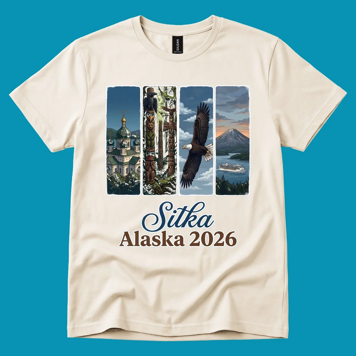 Four-panel Sitka Alaska 2026 design featuring Russian Orthodox cathedral, totem poles, bald eagle, and Mount Edgecumbe volcano with cruise ship