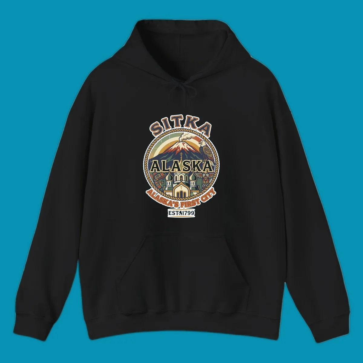 Vintage circular badge design for Sitka Alaska's First City, featuring snow-capped mountain, Russian Orthodox church, bald eagle, and totem pole, established 1799.