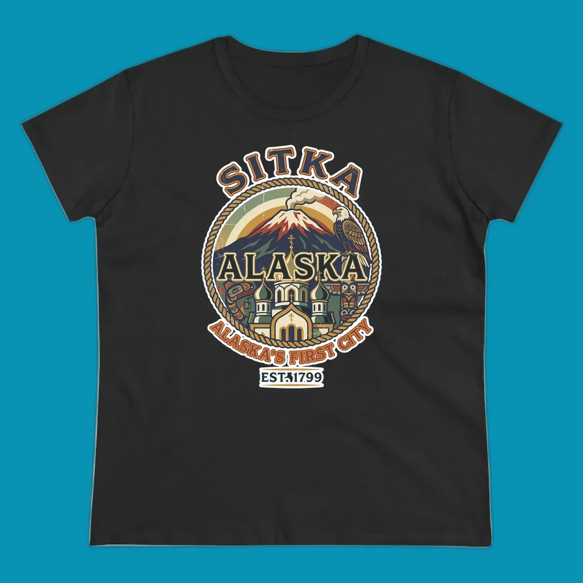 Vintage circular badge design for Sitka Alaska's First City, featuring snow-capped mountain, Russian Orthodox church, bald eagle, and totem pole, established 1799.