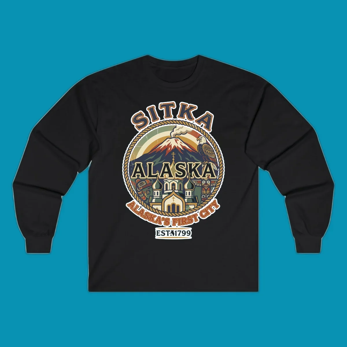 Vintage circular badge design for Sitka Alaska's First City, featuring snow-capped mountain, Russian Orthodox church, bald eagle, and totem pole, established 1799.