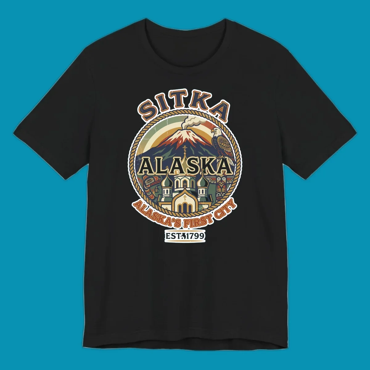 Vintage circular badge design for Sitka Alaska's First City, featuring snow-capped mountain, Russian Orthodox church, bald eagle, and totem pole, established 1799.