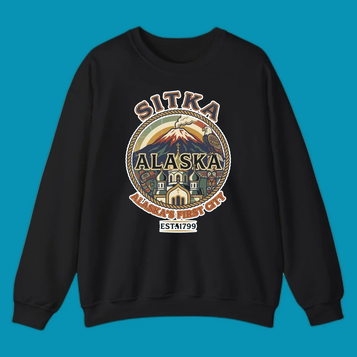 Vintage circular badge design for Sitka Alaska's First City, featuring snow-capped mountain, Russian Orthodox church, bald eagle, and totem pole, established 1799.