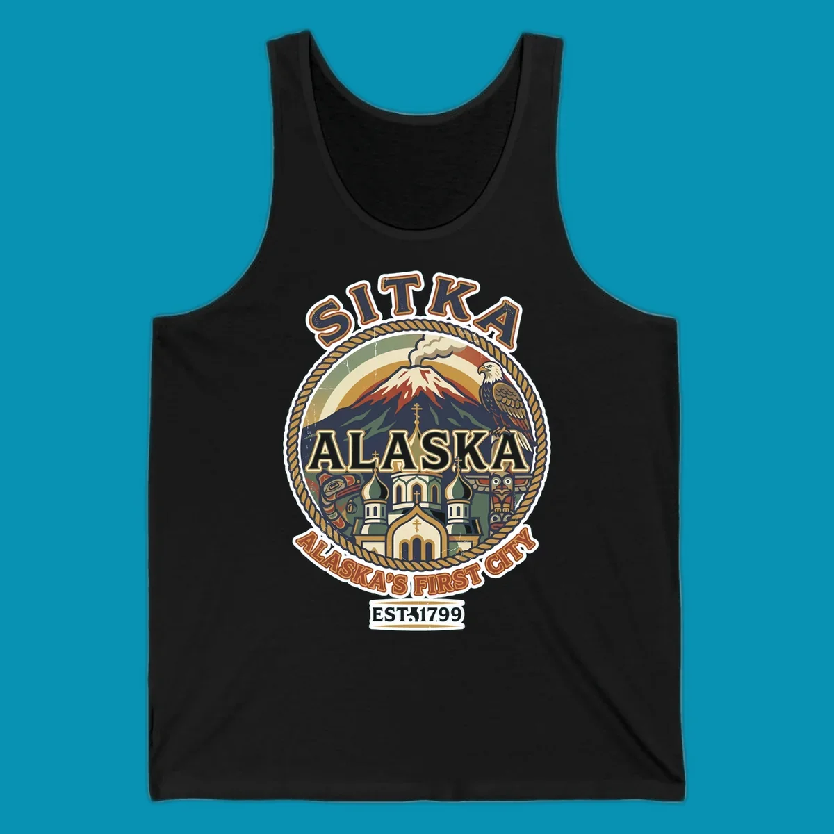 Vintage circular badge design for Sitka Alaska's First City, featuring snow-capped mountain, Russian Orthodox church, bald eagle, and totem pole, established 1799.