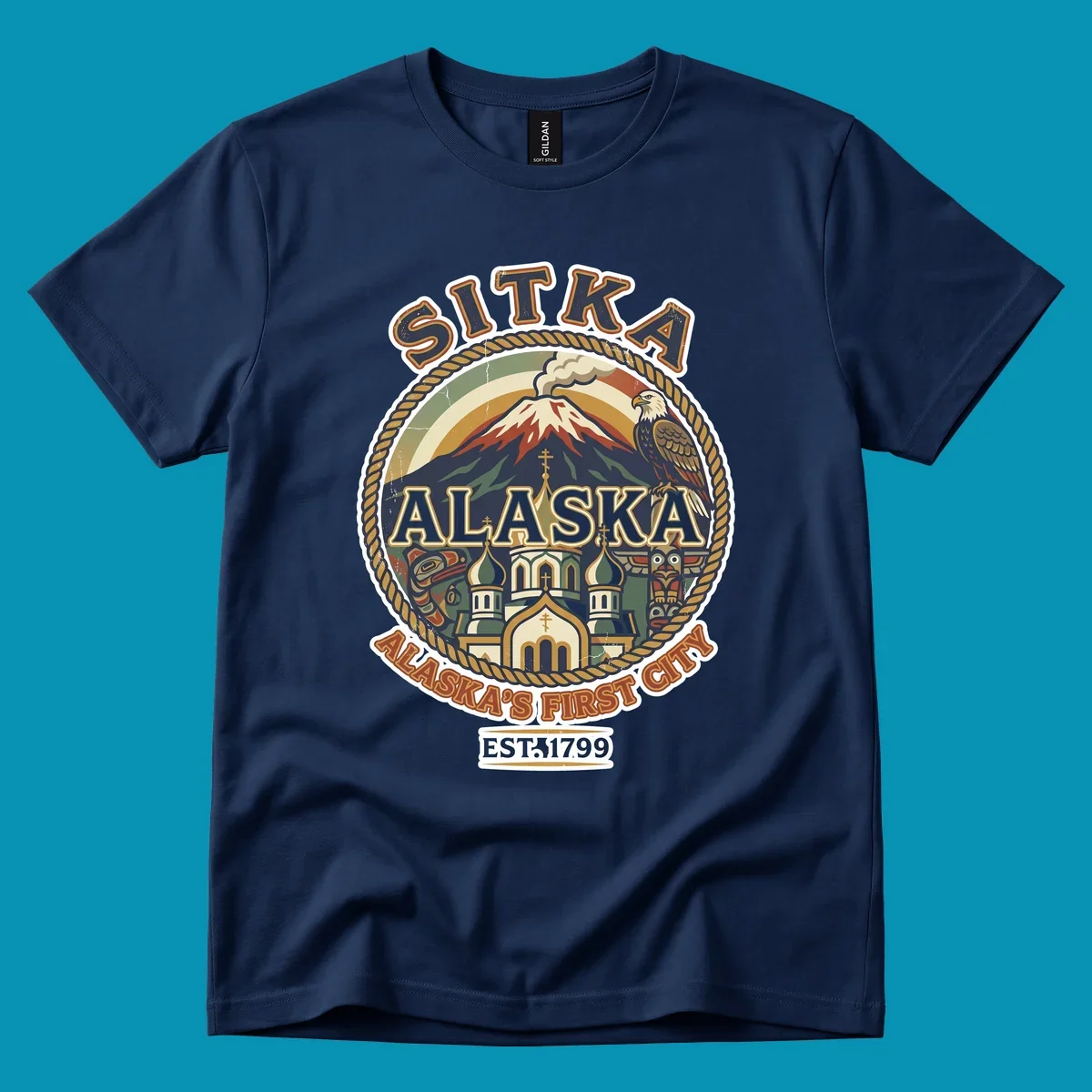 Vintage circular badge design for Sitka Alaska's First City, featuring snow-capped mountain, Russian Orthodox church, bald eagle, and totem pole, established 1799.
