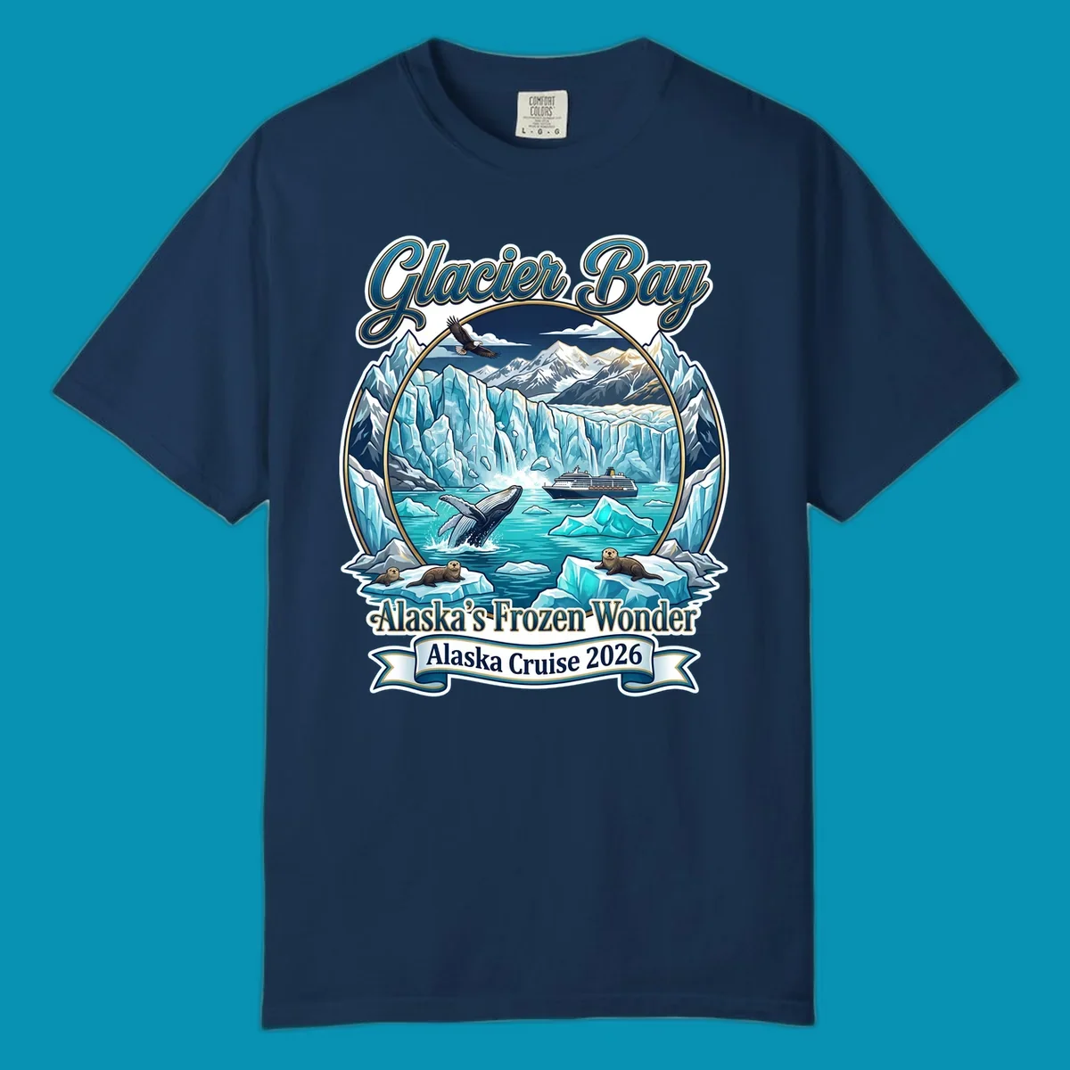 Glacier Bay frozen wonder illustration featuring breaching whale, cruise ship, sea otters, bald eagle, and towering blue glaciers framed by snow-capped mountains