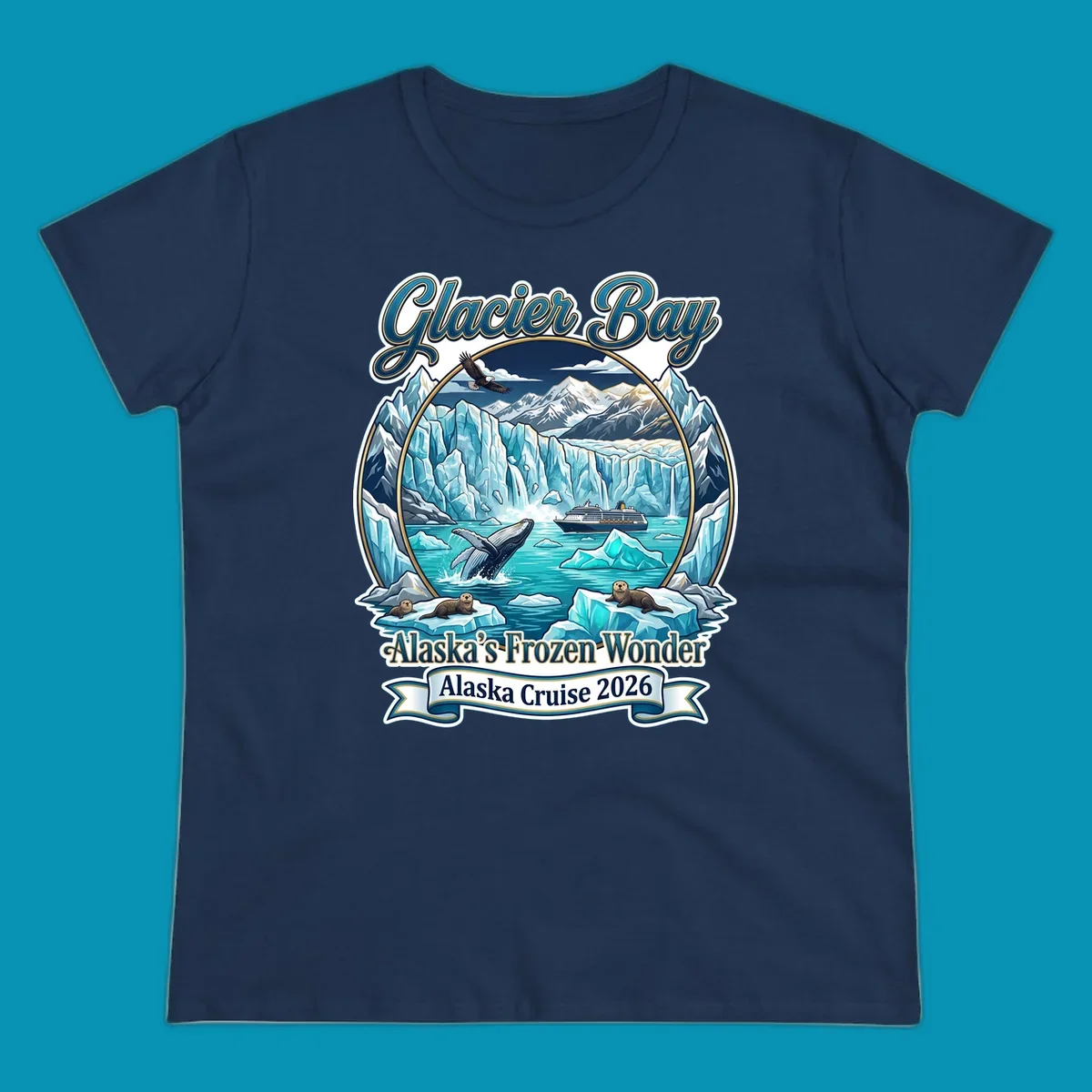Glacier Bay frozen wonder illustration featuring breaching whale, cruise ship, sea otters, bald eagle, and towering blue glaciers framed by snow-capped mountains