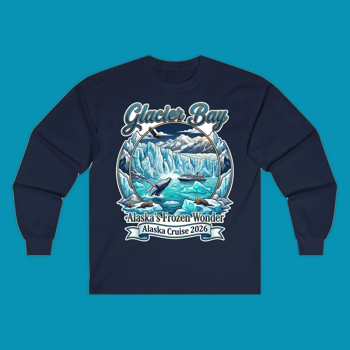 Glacier Bay frozen wonder illustration featuring breaching whale, cruise ship, sea otters, bald eagle, and towering blue glaciers framed by snow-capped mountains
