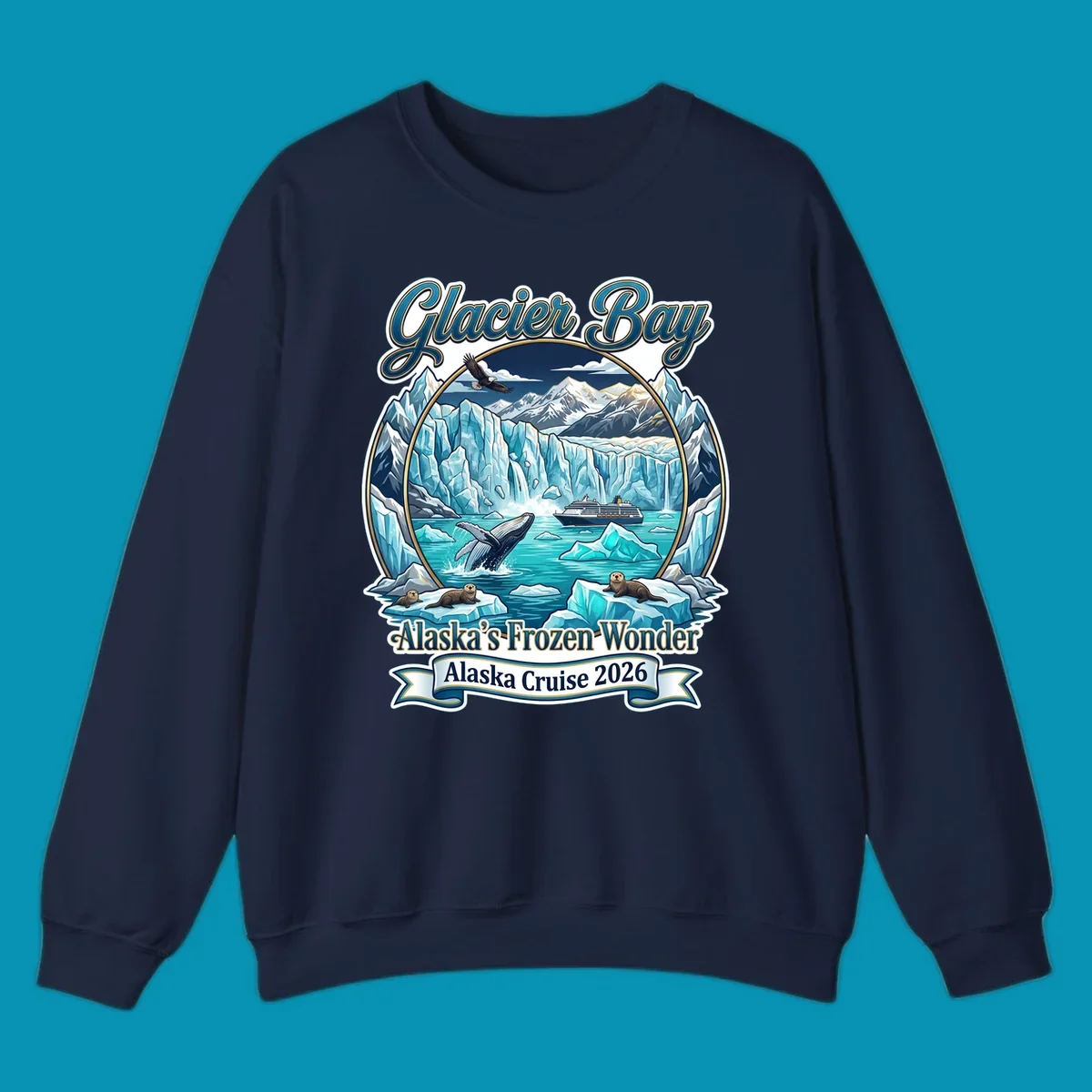 Glacier Bay frozen wonder illustration featuring breaching whale, cruise ship, sea otters, bald eagle, and towering blue glaciers framed by snow-capped mountains