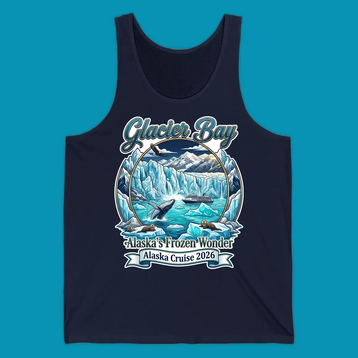 Glacier Bay frozen wonder illustration featuring breaching whale, cruise ship, sea otters, bald eagle, and towering blue glaciers framed by snow-capped mountains