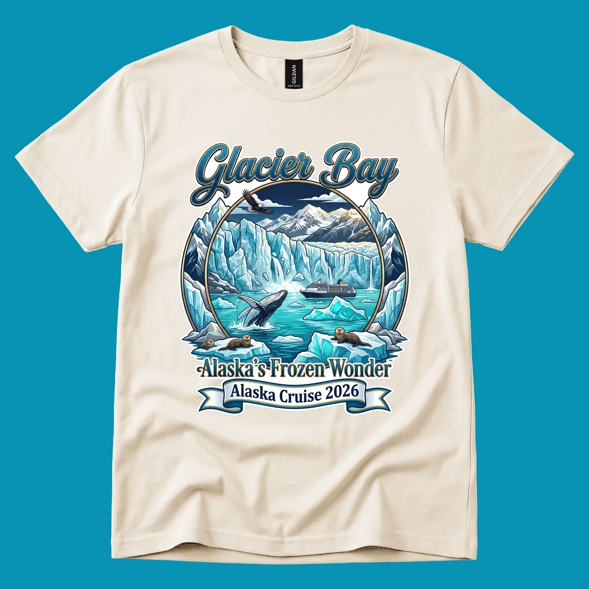 Glacier Bay frozen wonder illustration featuring breaching whale, cruise ship, sea otters, bald eagle, and towering blue glaciers framed by snow-capped mountains