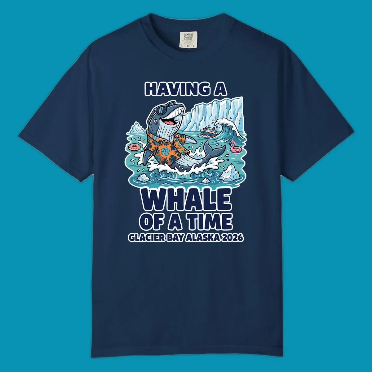 Cartoon whale in sunglasses and Hawaiian shirt splashing in Glacier Bay Alaska waters with icebergs and cruise ship, 'Having a Whale of a Time' text design
