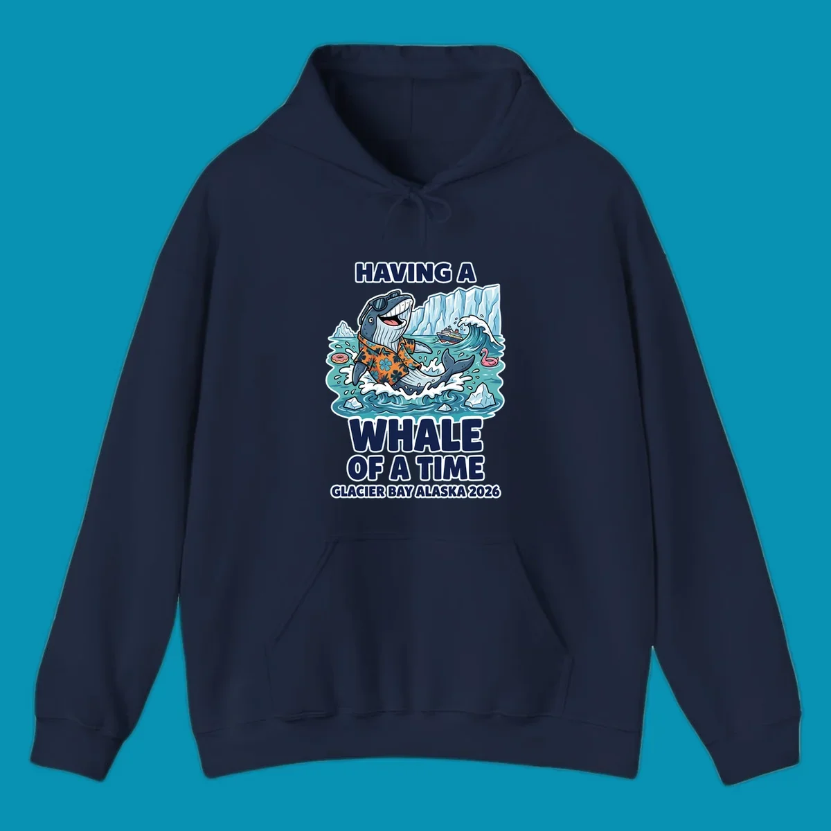 Cartoon whale in sunglasses and Hawaiian shirt splashing in Glacier Bay Alaska waters with icebergs and cruise ship, 'Having a Whale of a Time' text design