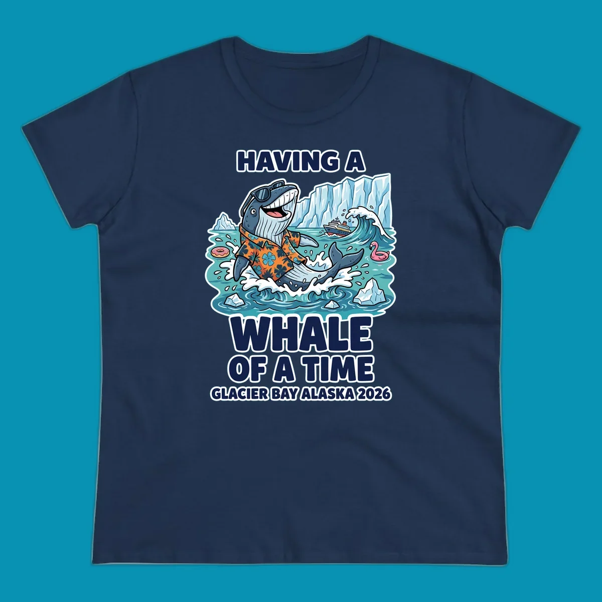 Cartoon whale in sunglasses and Hawaiian shirt splashing in Glacier Bay Alaska waters with icebergs and cruise ship, 'Having a Whale of a Time' text design