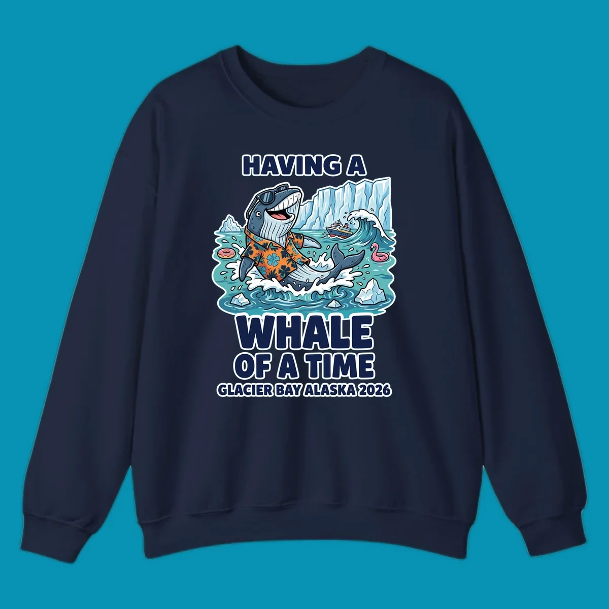 Cartoon whale in sunglasses and Hawaiian shirt splashing in Glacier Bay Alaska waters with icebergs and cruise ship, 'Having a Whale of a Time' text design