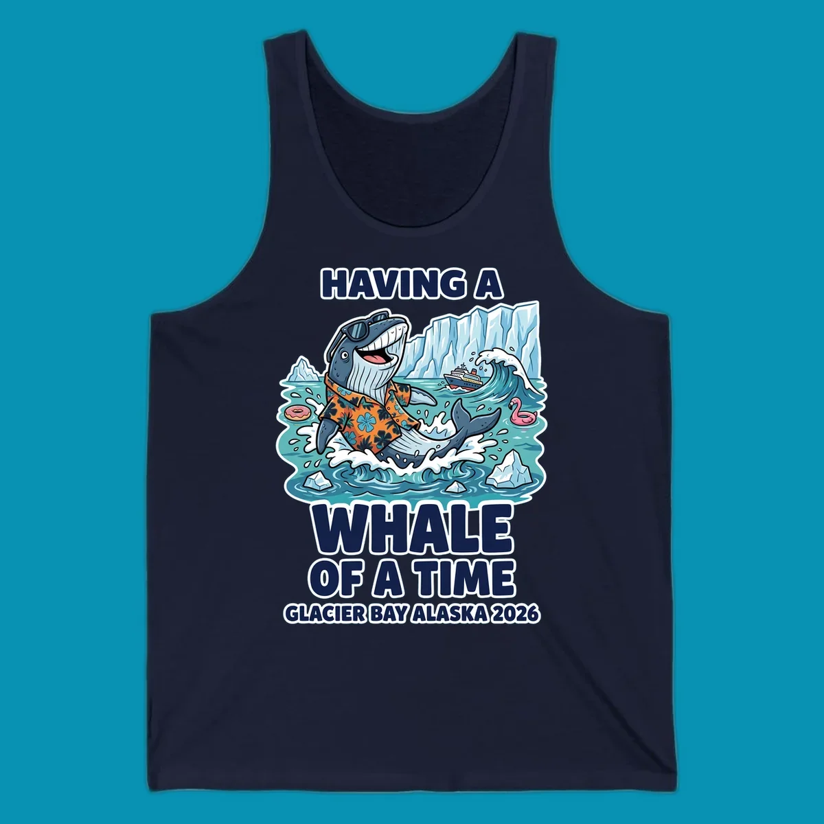 Cartoon whale in sunglasses and Hawaiian shirt splashing in Glacier Bay Alaska waters with icebergs and cruise ship, 'Having a Whale of a Time' text design