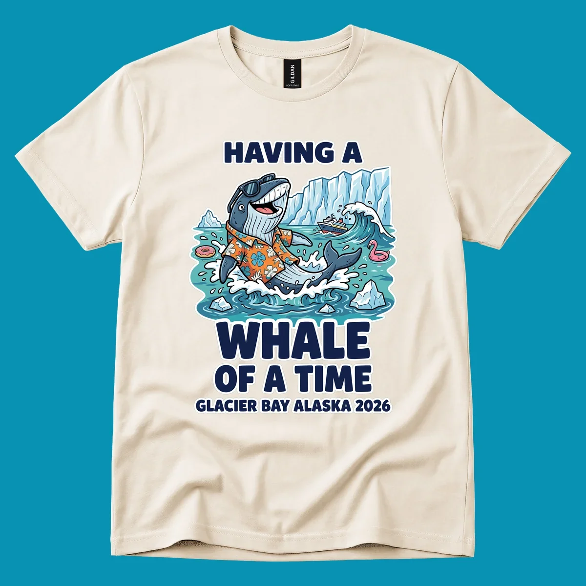 Cartoon whale in sunglasses and Hawaiian shirt splashing in Glacier Bay Alaska waters with icebergs and cruise ship, 'Having a Whale of a Time' text design