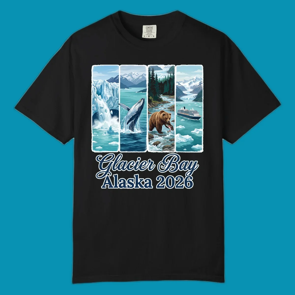 Four-panel Glacier Bay Alaska 2026 illustration featuring glacier icebergs, breaching whale, fishing bear, cruise ship, and snow mountains