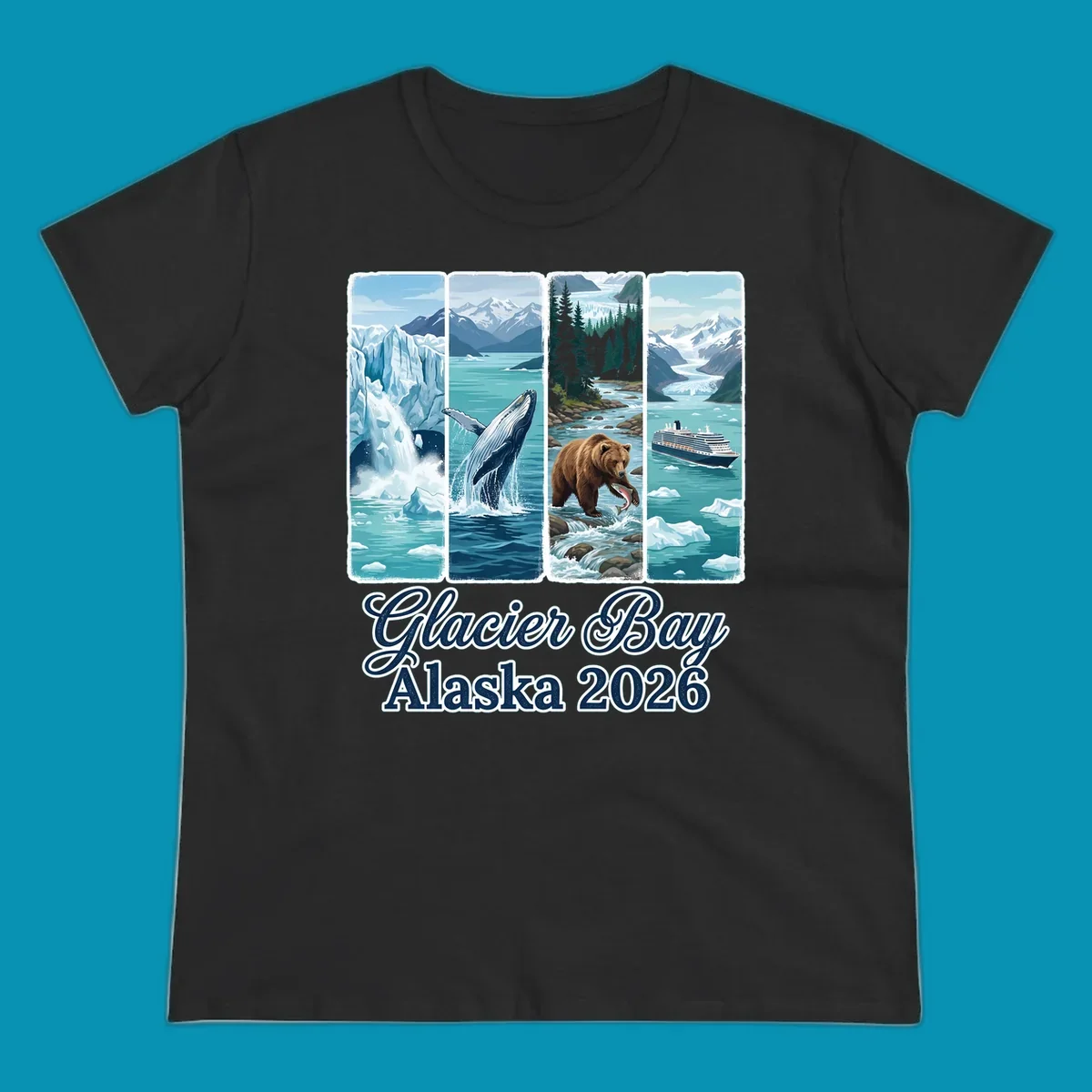 Four-panel Glacier Bay Alaska 2026 illustration featuring glacier icebergs, breaching whale, fishing bear, cruise ship, and snow mountains