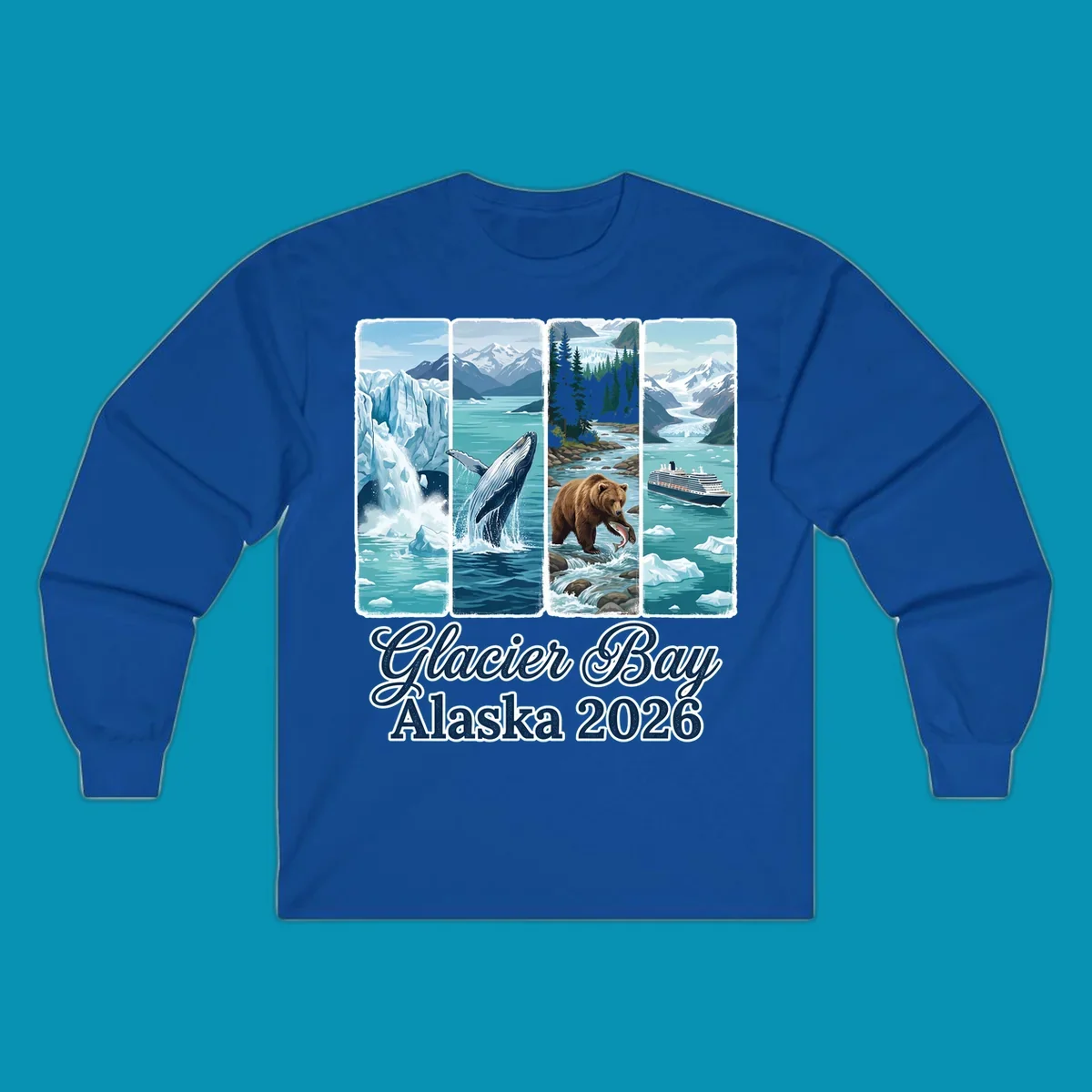 Four-panel Glacier Bay Alaska 2026 illustration featuring glacier icebergs, breaching whale, fishing bear, cruise ship, and snow mountains