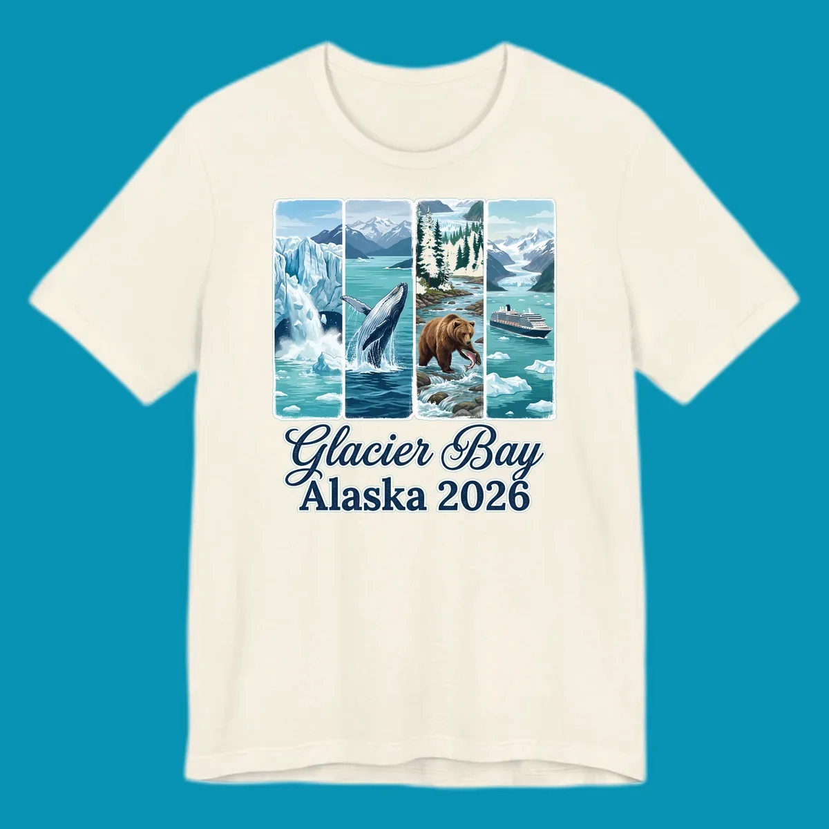 Four-panel Glacier Bay Alaska 2026 illustration featuring glacier icebergs, breaching whale, fishing bear, cruise ship, and snow mountains