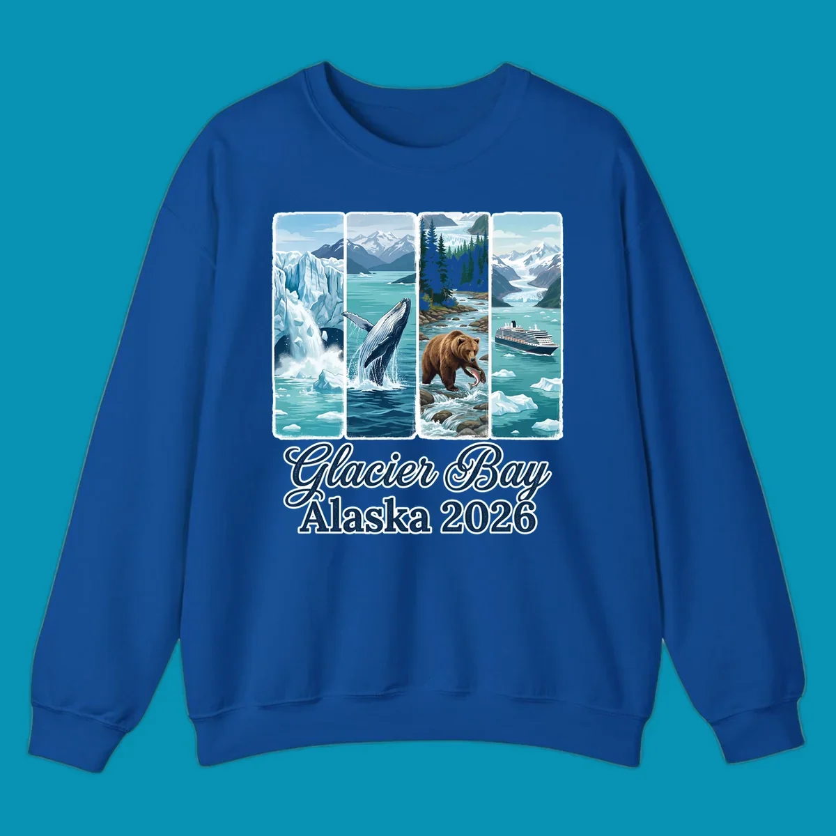 Four-panel Glacier Bay Alaska 2026 illustration featuring glacier icebergs, breaching whale, fishing bear, cruise ship, and snow mountains