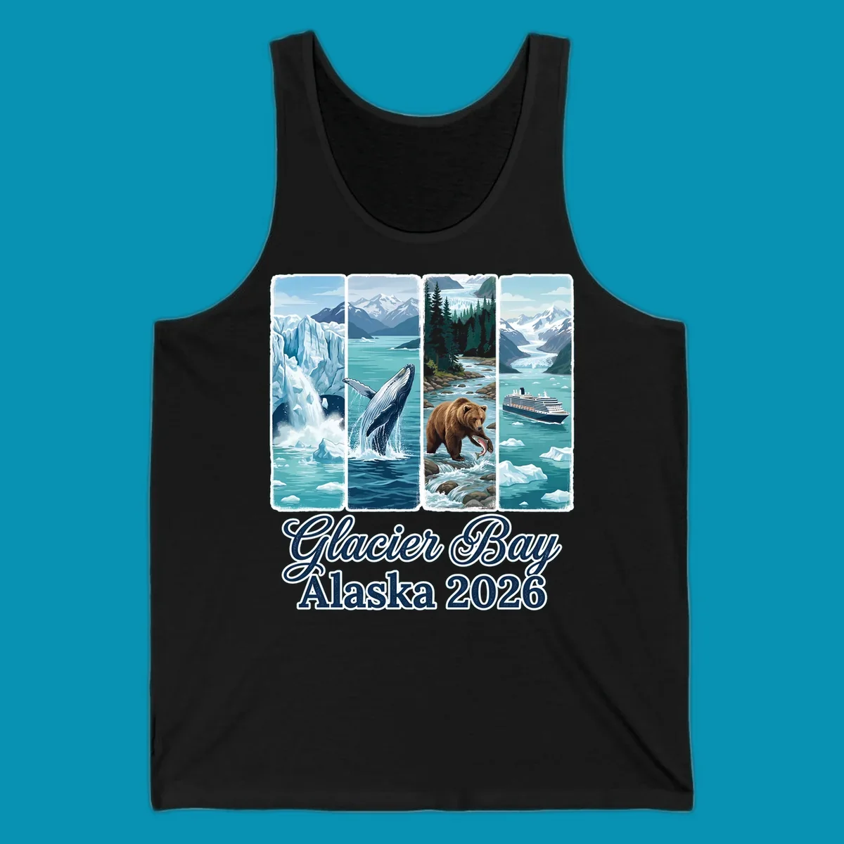Four-panel Glacier Bay Alaska 2026 illustration featuring glacier icebergs, breaching whale, fishing bear, cruise ship, and snow mountains