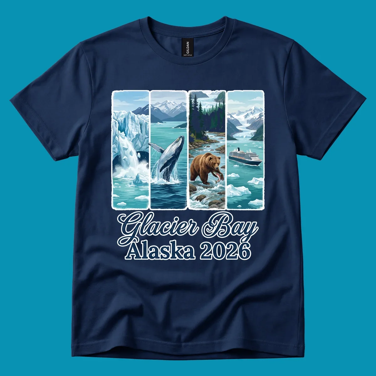 Four-panel Glacier Bay Alaska 2026 illustration featuring glacier icebergs, breaching whale, fishing bear, cruise ship, and snow mountains