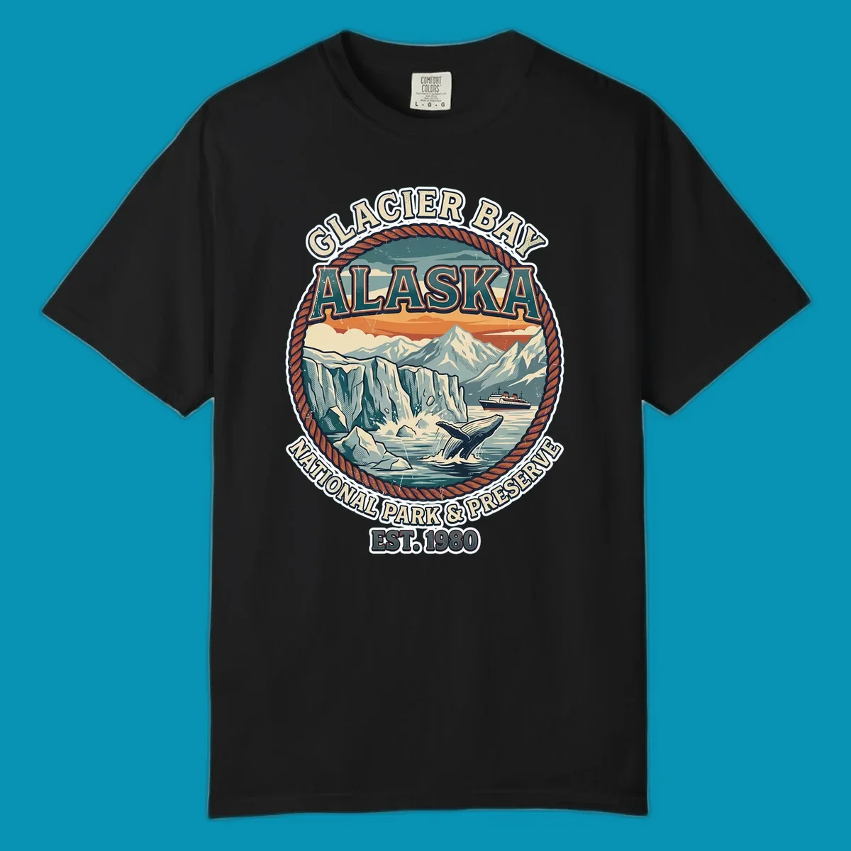 Vintage circular badge design of Glacier Bay National Park featuring glaciers, mountains, whale, and cruise ship with rope border