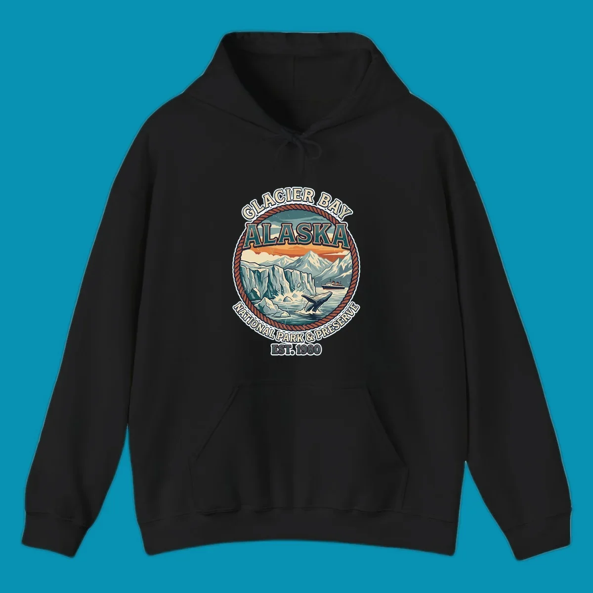 Vintage circular badge design of Glacier Bay National Park featuring glaciers, mountains, whale, and cruise ship with rope border