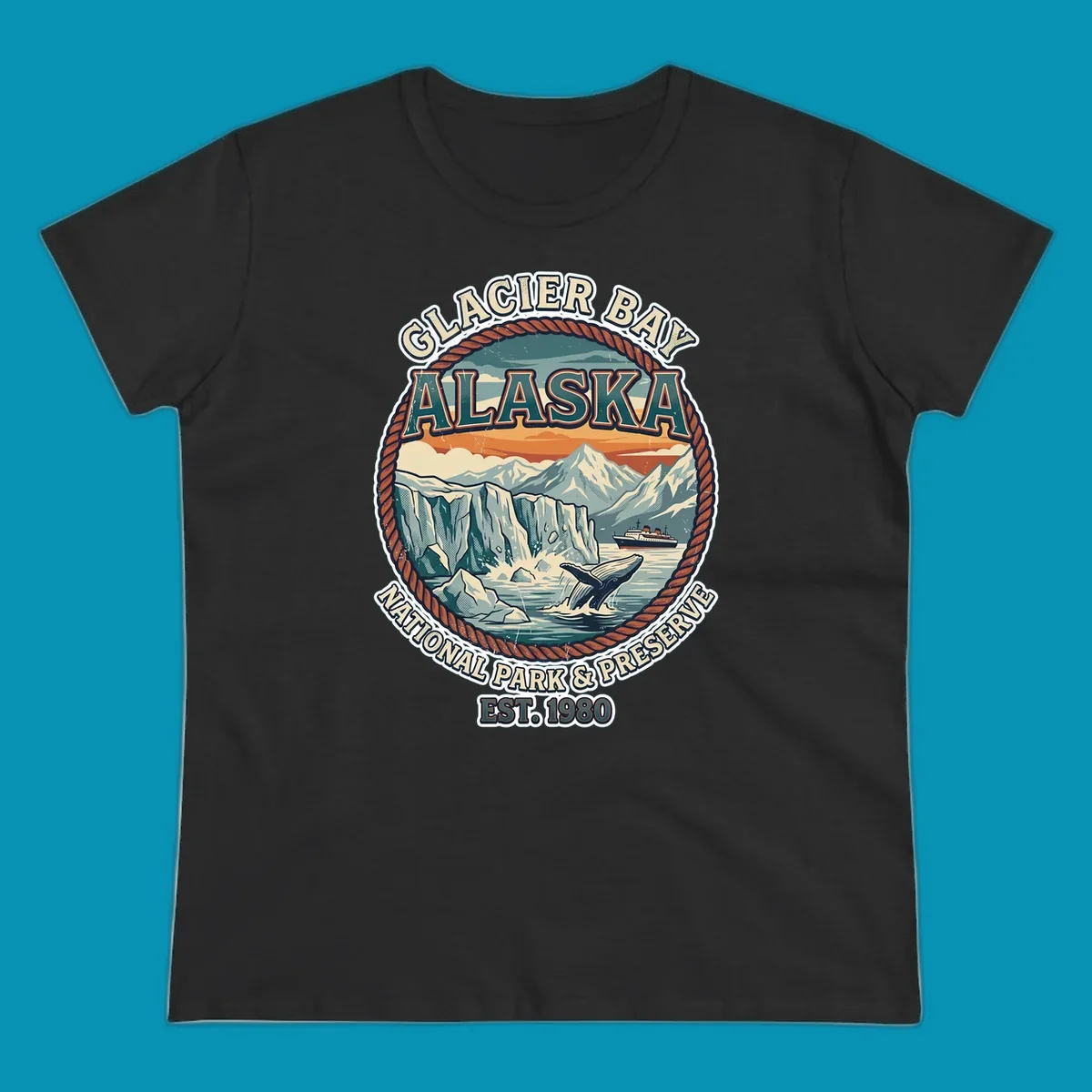 Vintage circular badge design of Glacier Bay National Park featuring glaciers, mountains, whale, and cruise ship with rope border