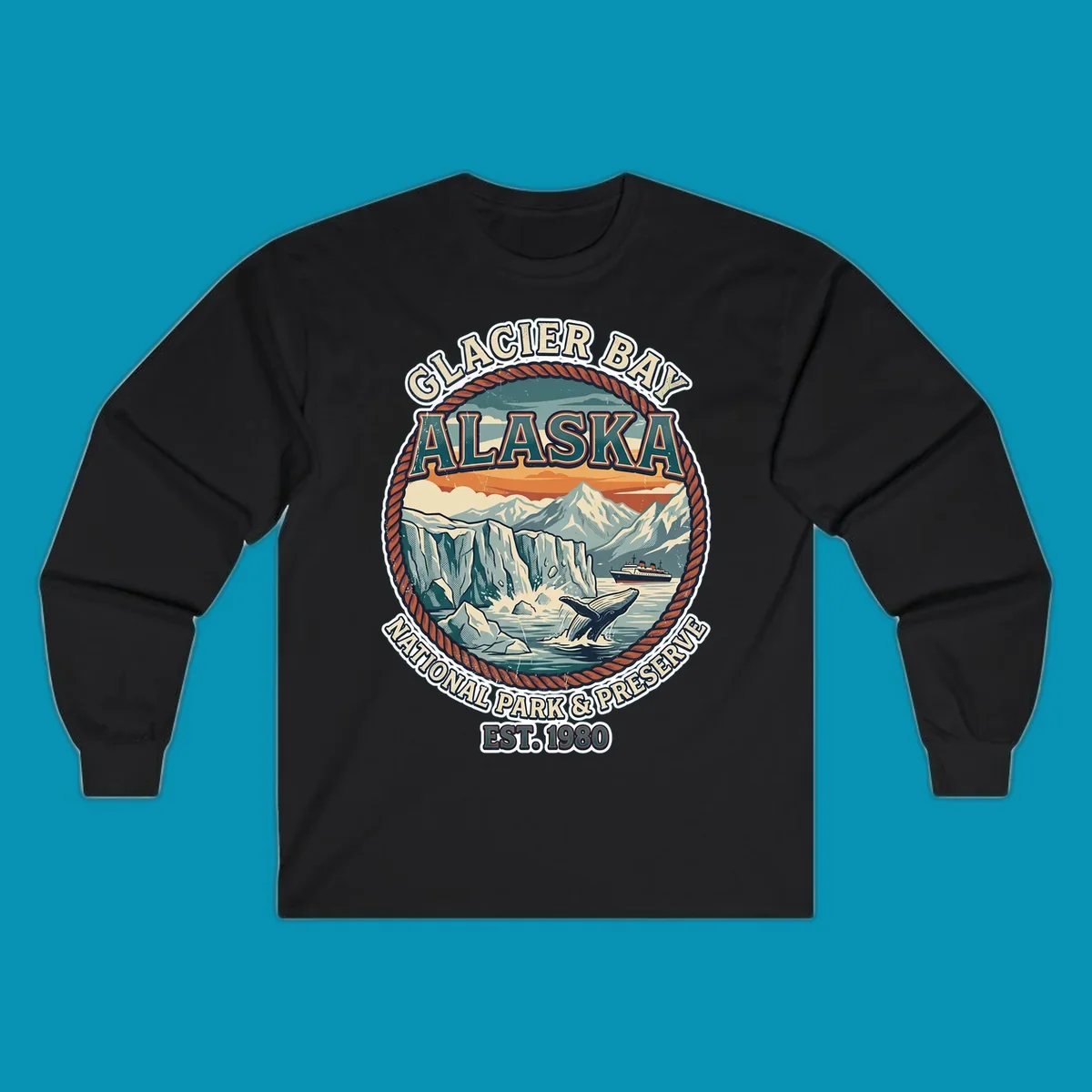 Vintage circular badge design of Glacier Bay National Park featuring glaciers, mountains, whale, and cruise ship with rope border