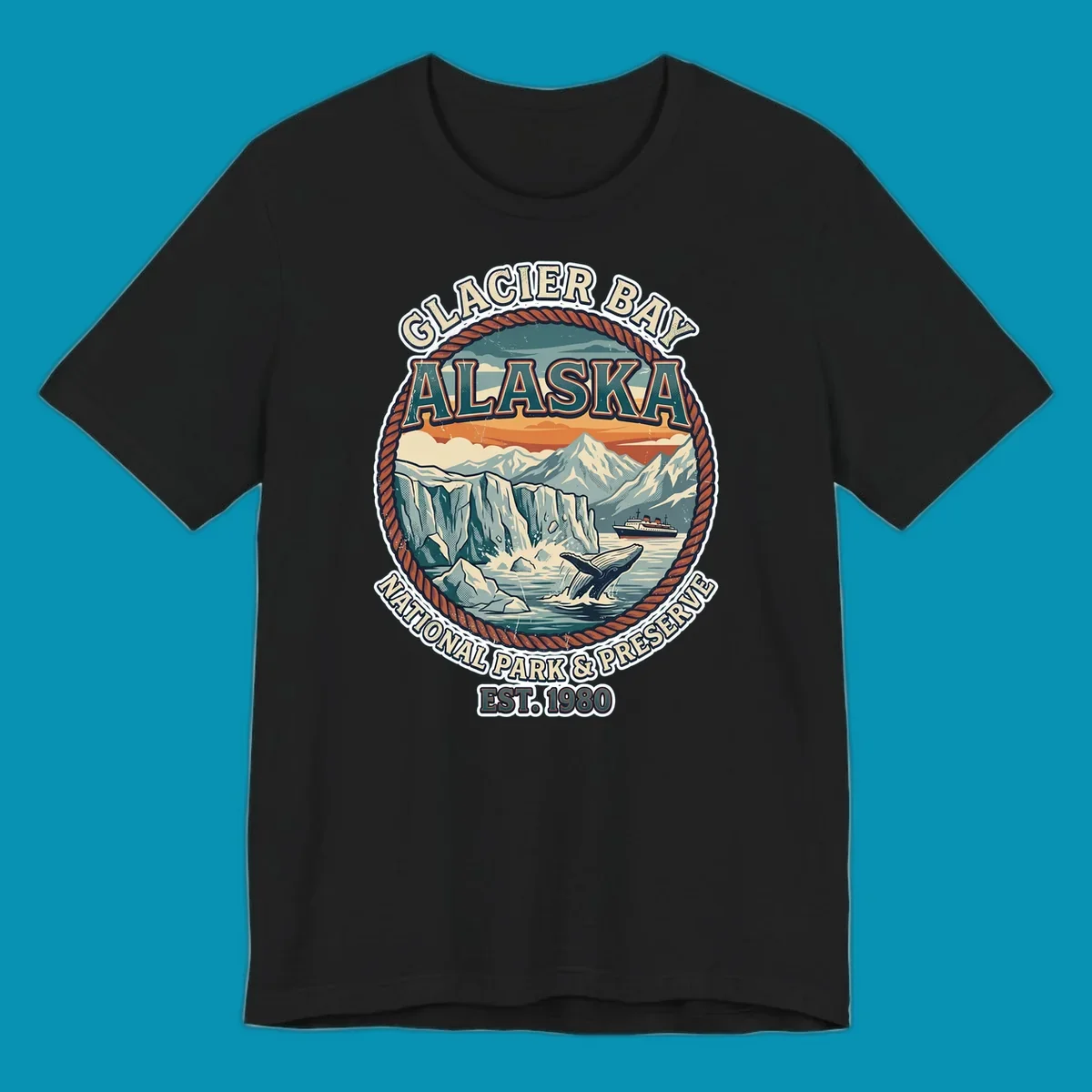 Vintage circular badge design of Glacier Bay National Park featuring glaciers, mountains, whale, and cruise ship with rope border