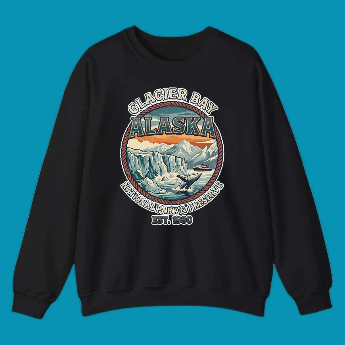 Vintage circular badge design of Glacier Bay National Park featuring glaciers, mountains, whale, and cruise ship with rope border