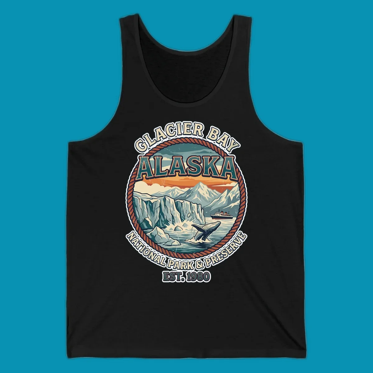 Vintage circular badge design of Glacier Bay National Park featuring glaciers, mountains, whale, and cruise ship with rope border