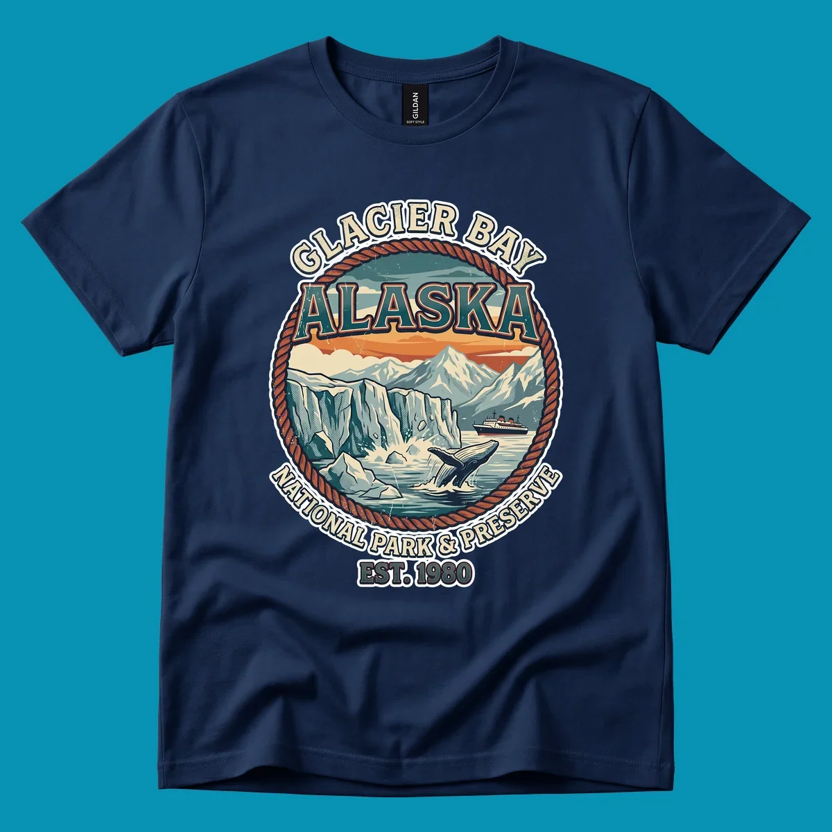 Vintage circular badge design of Glacier Bay National Park featuring glaciers, mountains, whale, and cruise ship with rope border
