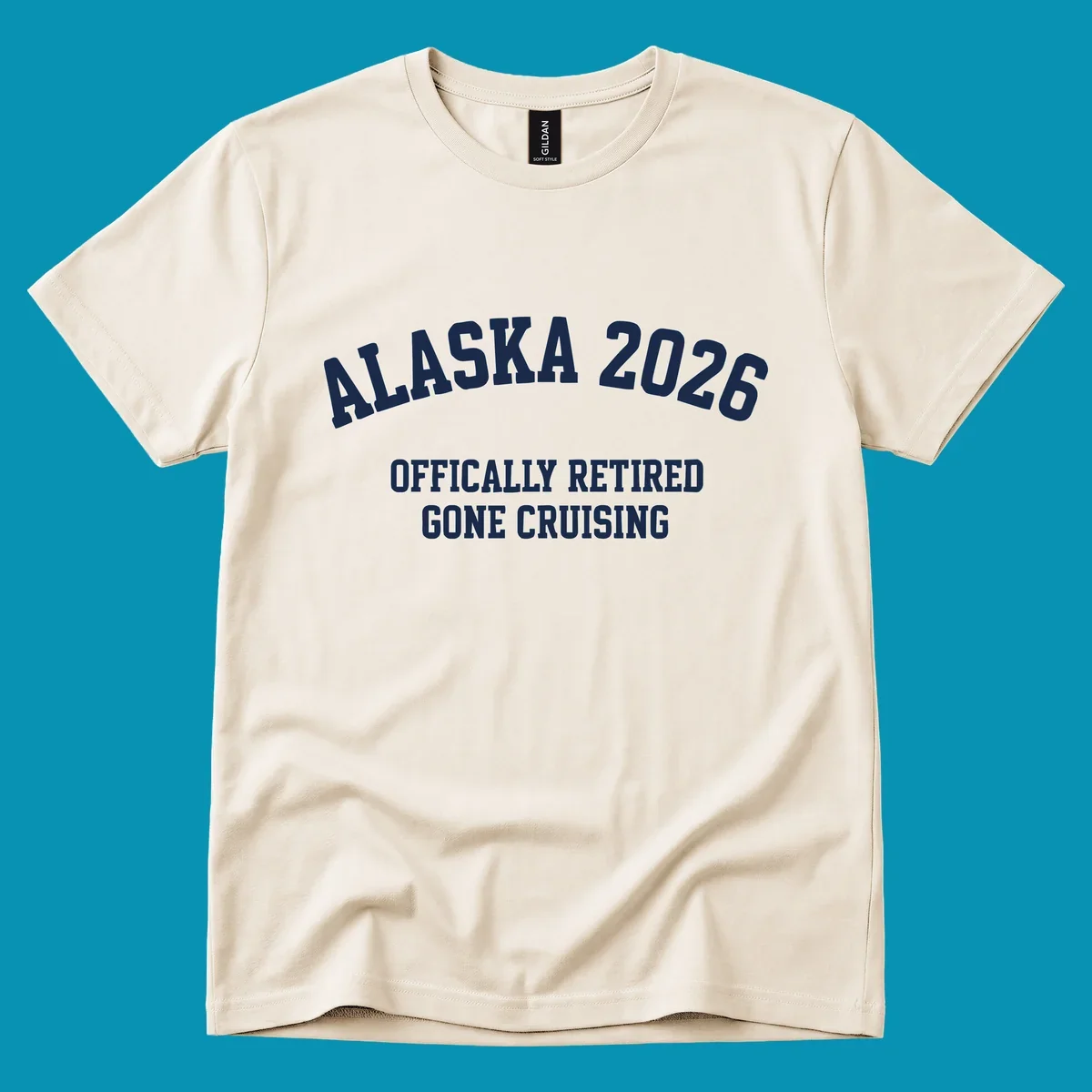 Bold white text on gray background reading 'ALASKA 2026 OFFICIALLY RETIRED GONE CRUISING' in athletic typography style