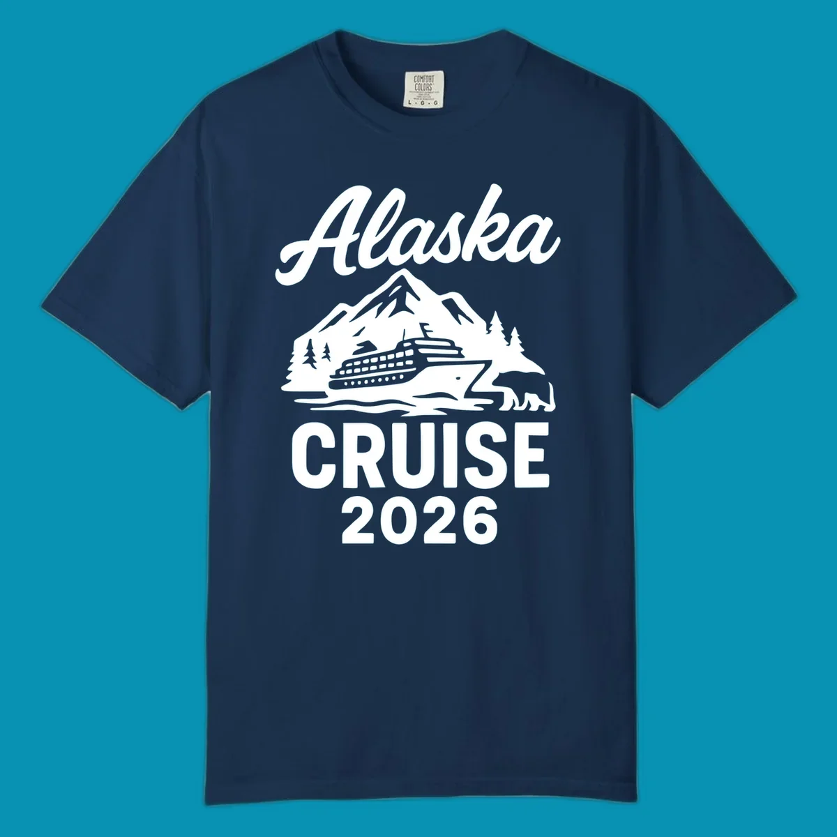White illustration of cruise ship with mountains, trees and bear for Alaska Cruise 2026 design