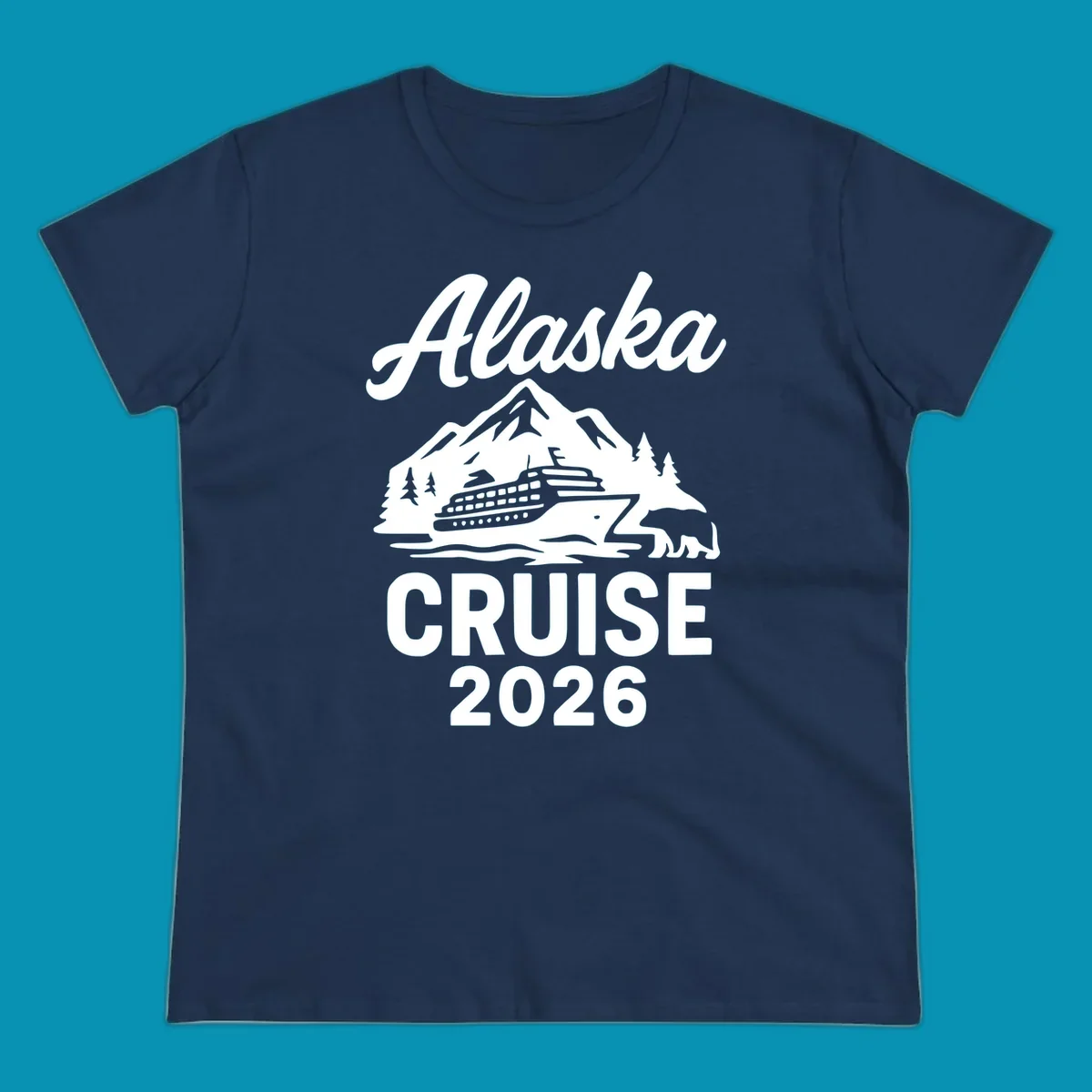 White illustration of cruise ship with mountains, trees and bear for Alaska Cruise 2026 design
