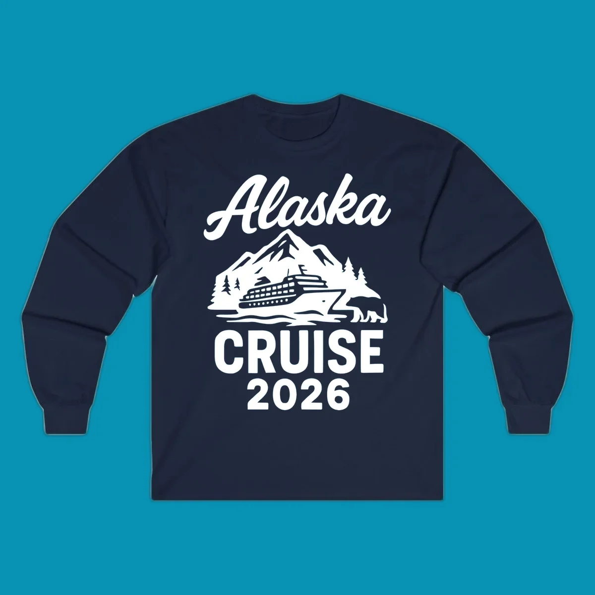 White illustration of cruise ship with mountains, trees and bear for Alaska Cruise 2026 design