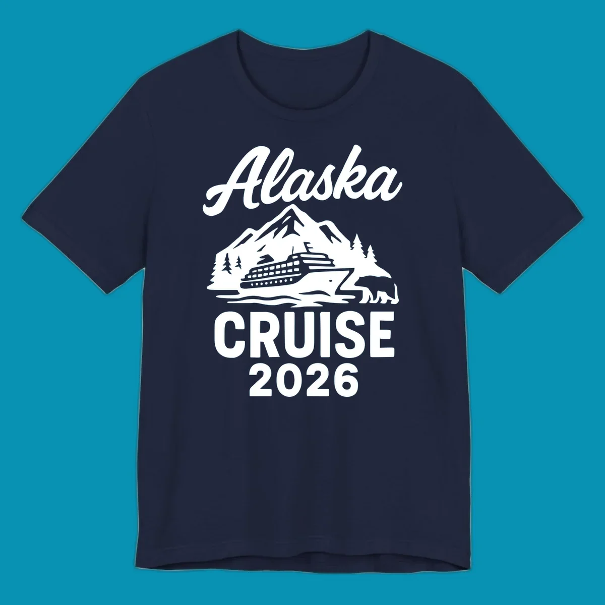 White illustration of cruise ship with mountains, trees and bear for Alaska Cruise 2026 design