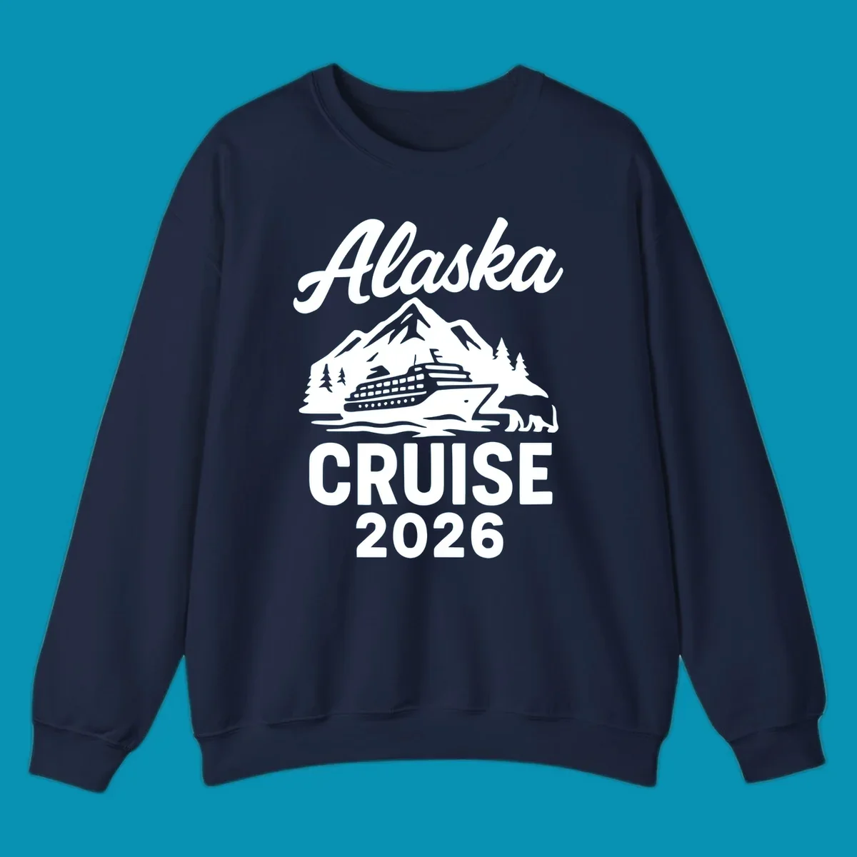 White illustration of cruise ship with mountains, trees and bear for Alaska Cruise 2026 design