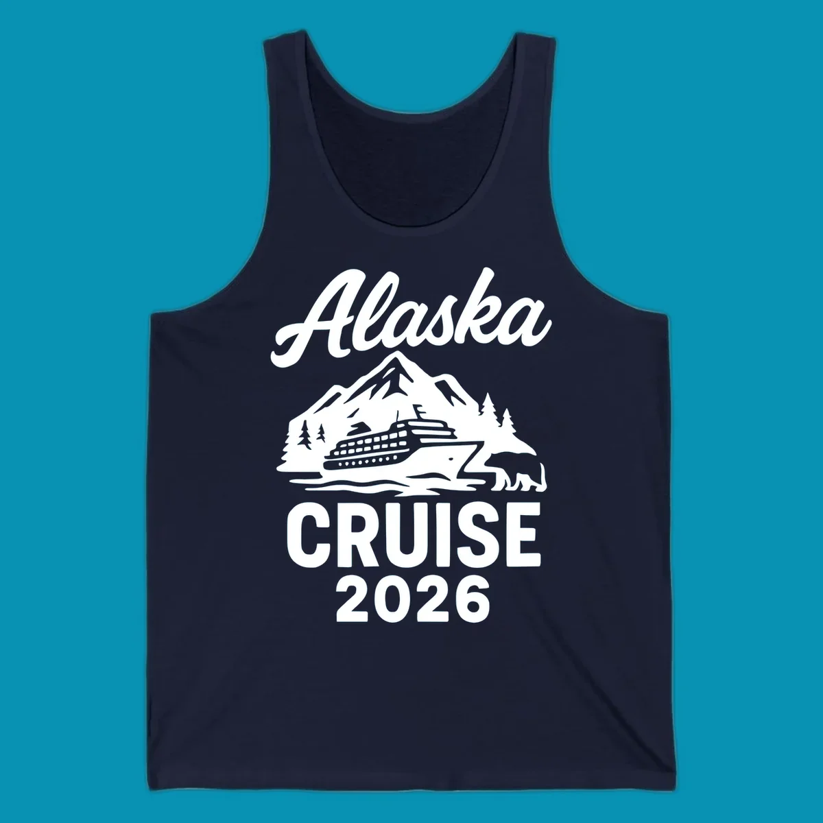 White illustration of cruise ship with mountains, trees and bear for Alaska Cruise 2026 design