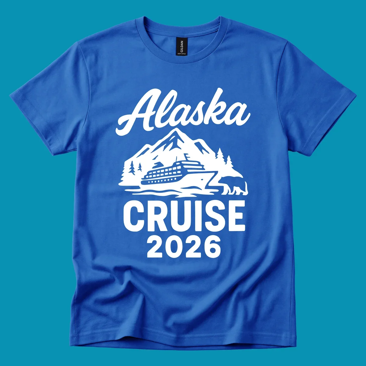 White illustration of cruise ship with mountains, trees and bear for Alaska Cruise 2026 design