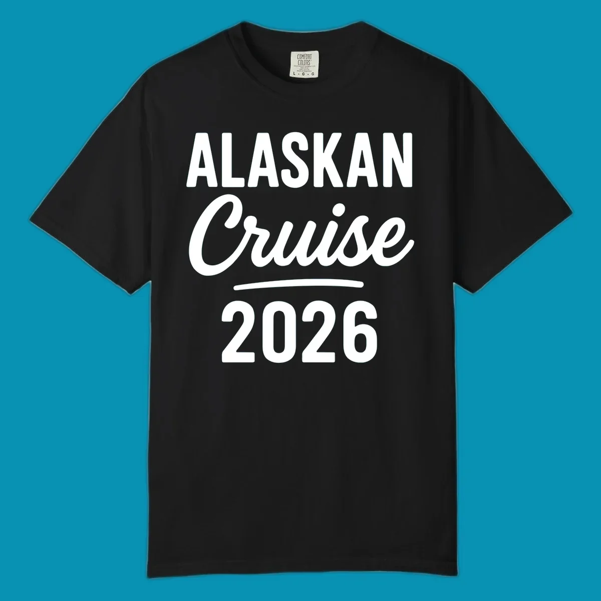 Alaskan Cruise 2026 design with bold white typography and decorative underline on gray background
